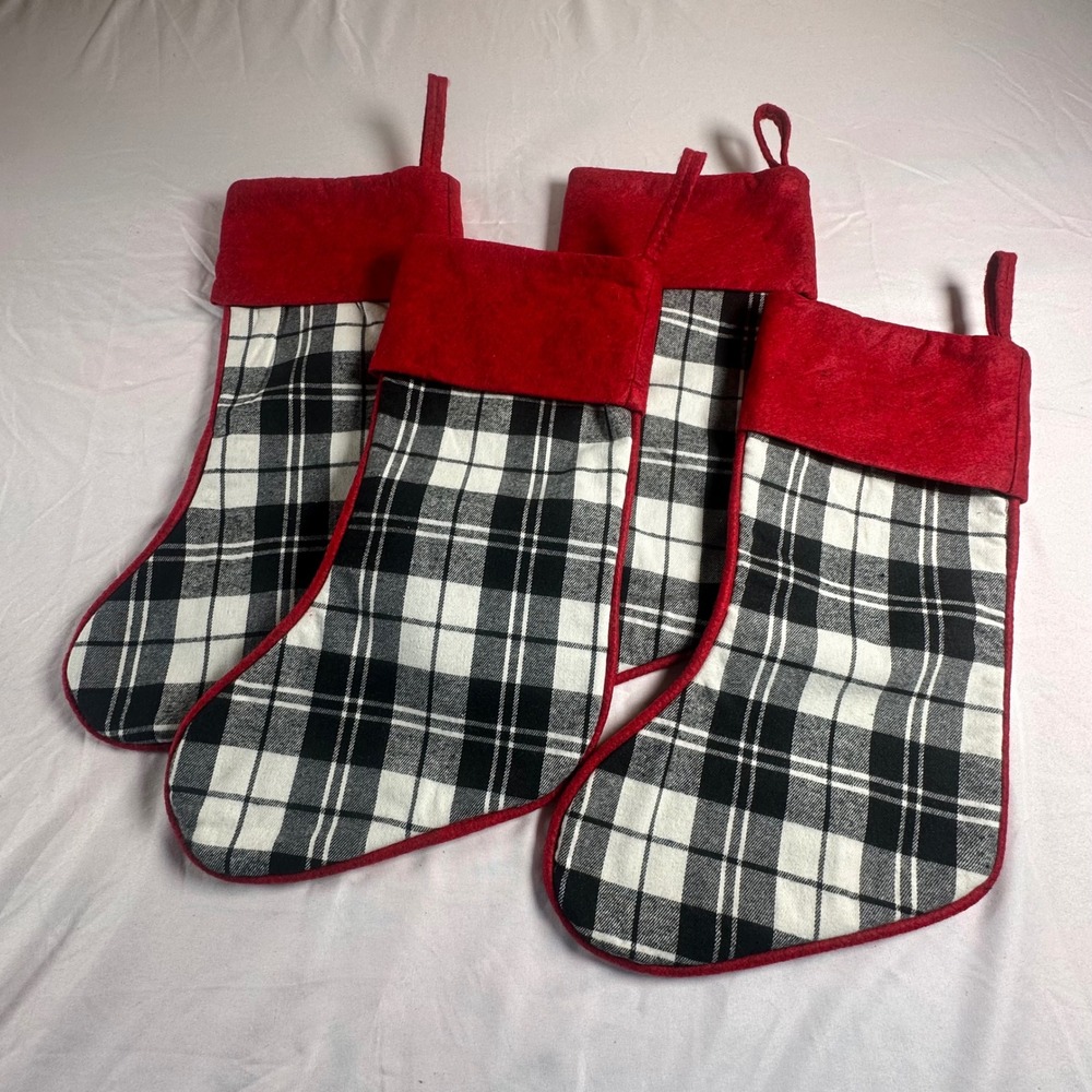 Glitzhome Set of 4 Christmas Stockings Black White Buffalo Plaid Red Velvet Cuff